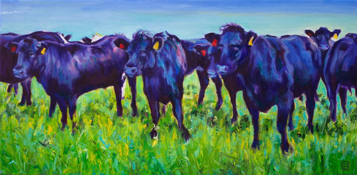 Expressive Oil Painting , Black Angus Beauties By Liudmila Pisliakova, 24 X 12, Artwork For Sale On Artfinder