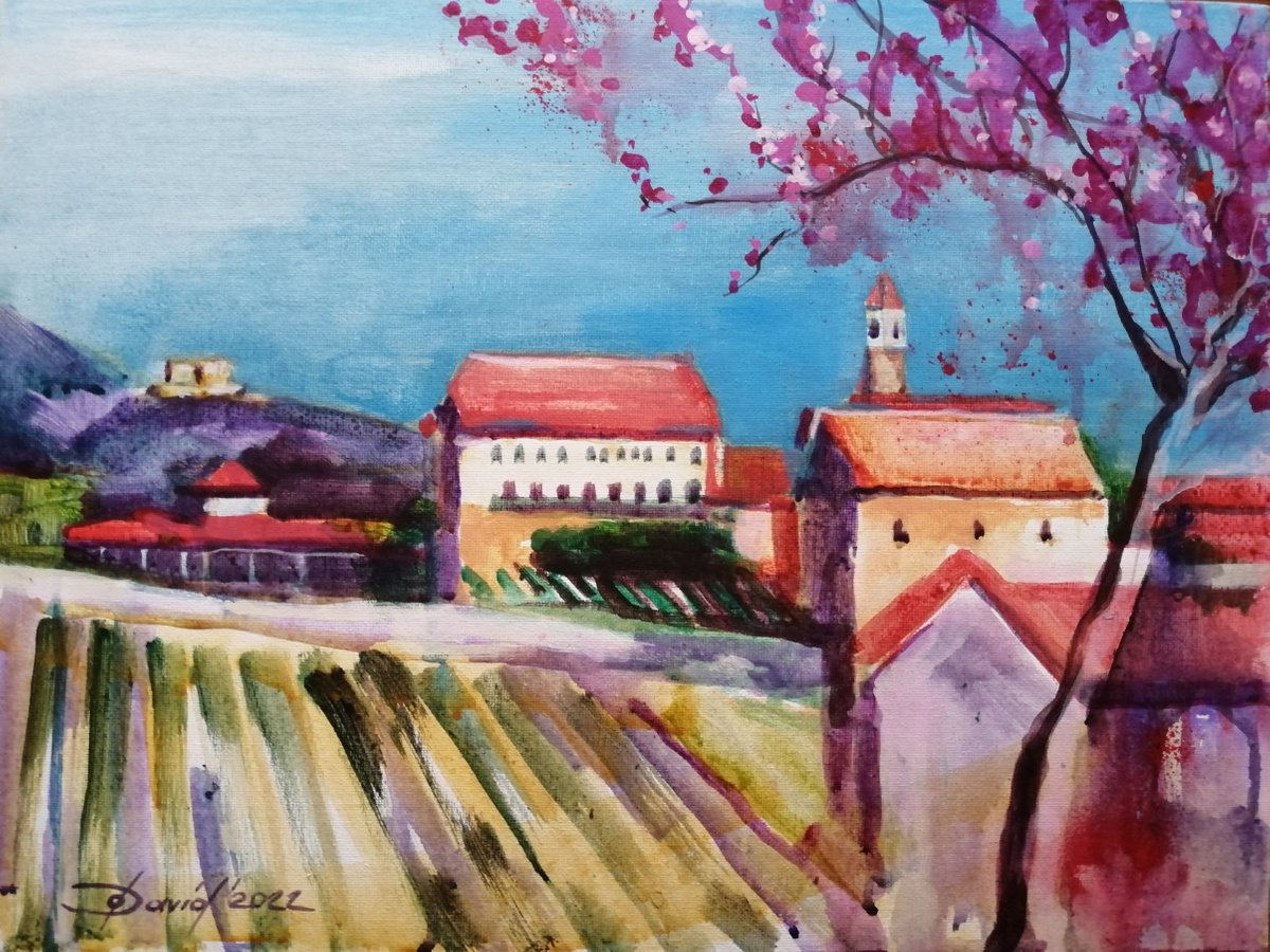 Expressive Landscape Acrylic Painting By Olga David, 16 X 12", Palatinate Landscape, Original Artwork