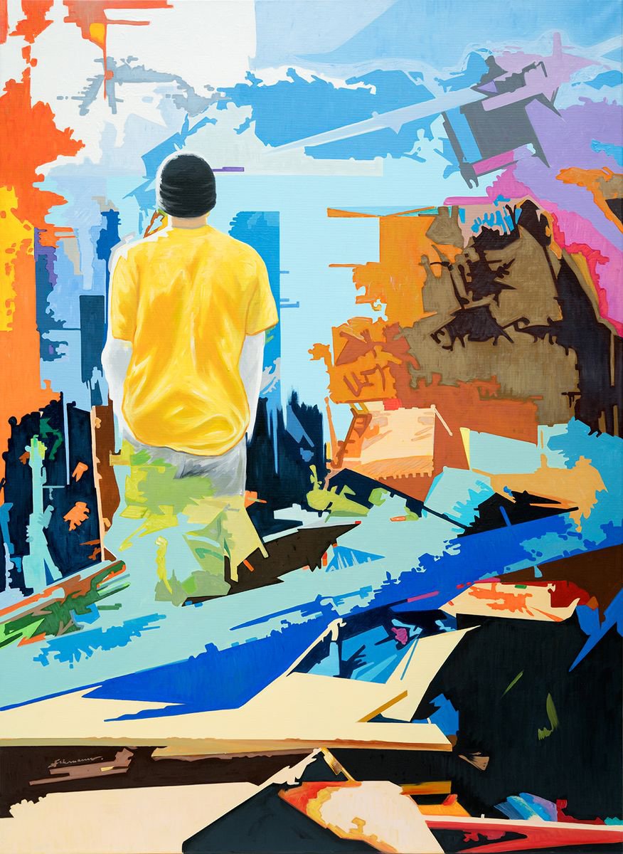 Expressive Portrait Acrylic Painting By Uwe Fehrmann, 43 X 59", Now Or Never, Flight Test, Original Artwork