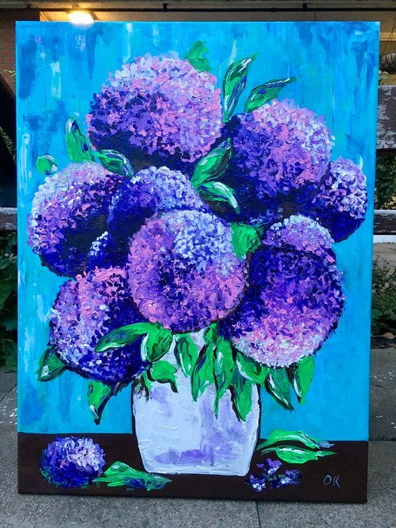 BOUQUET OF Purple hydrangea on turquoise in a white vase palette  knife Original Acrylic painting office home decor gift