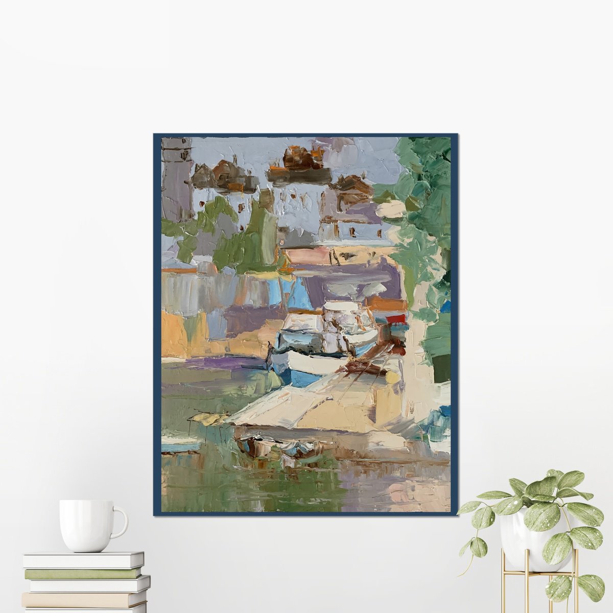 Expressive Landscape Oil Painting By Vita Schagen, 16 X 20", Little Town By The Lake. Italy., Original Artwork