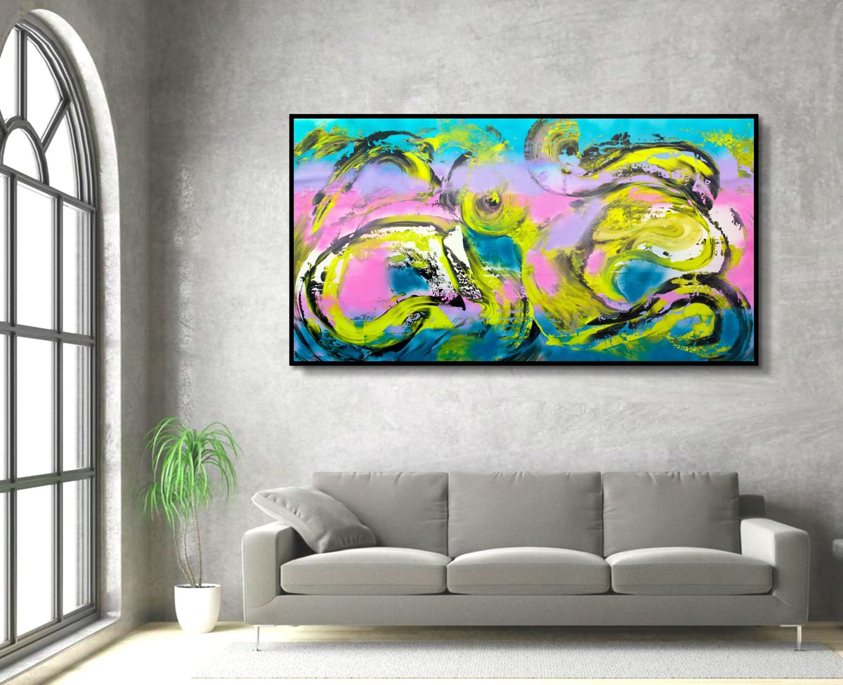 Expressive Abstract Acrylic Painting By Davide De Palma, 79 X 45, Cosmic Egg, Original Artwork