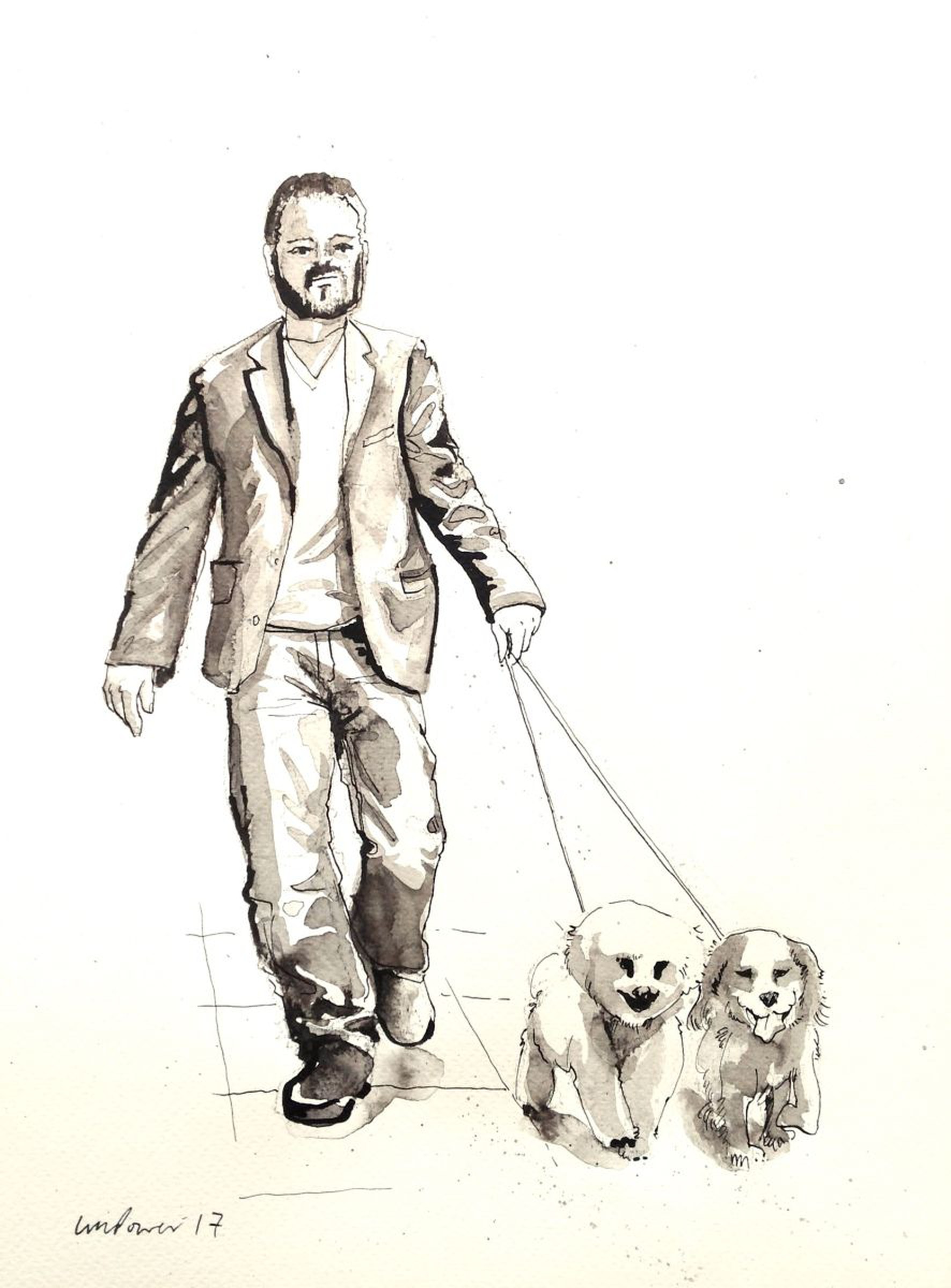 Dog Walking 03 Ink Drawing