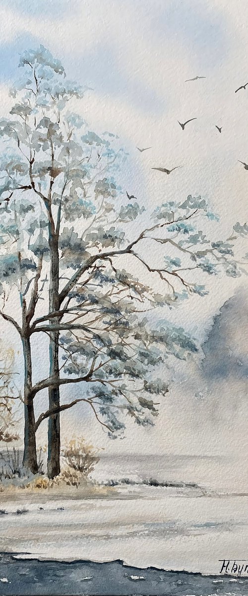 Foggy morning, original watercolour painting by Natalia Butenko