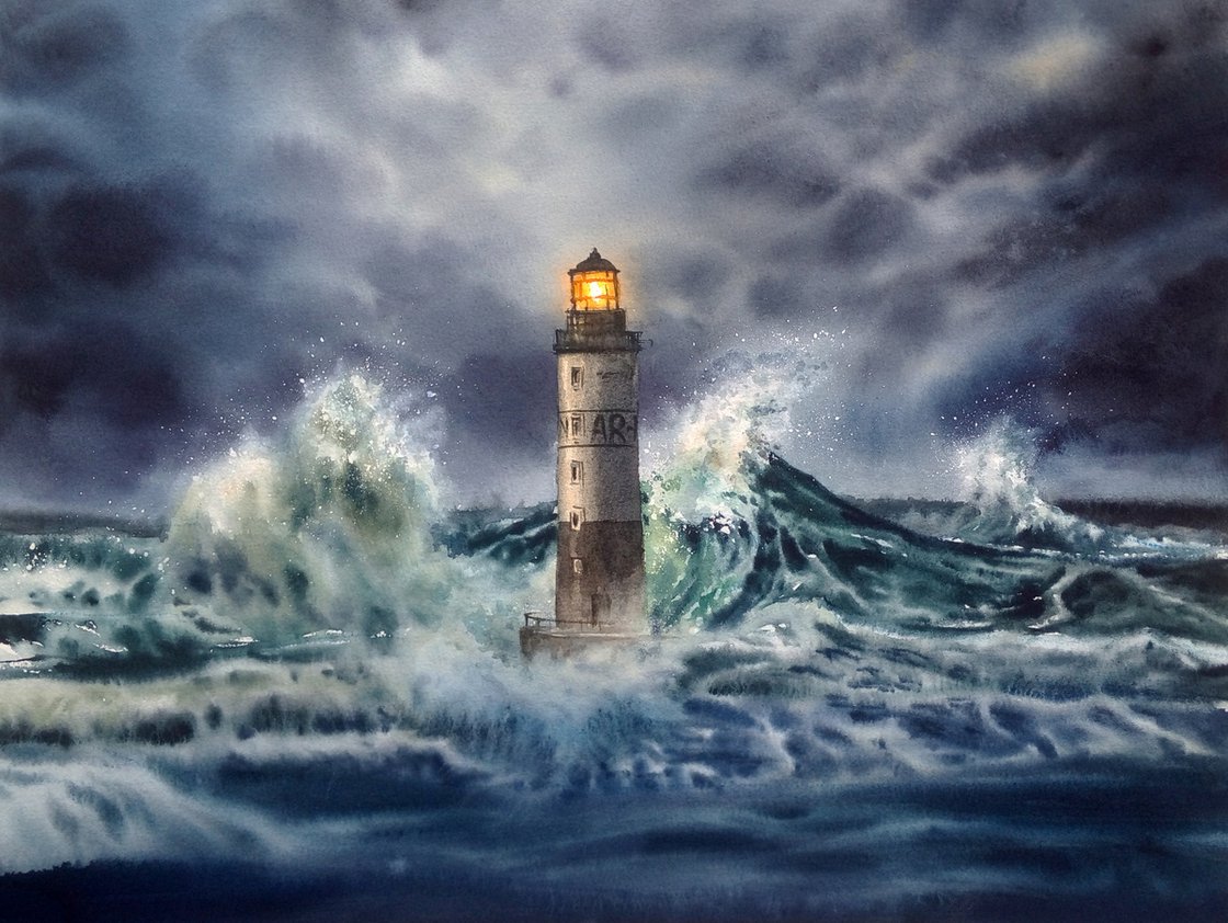 Fearless» - Lighthouse in storm - Lighthouse painting - Lighthouse storm -  Storm waves - Stormy lighthouse - Stormy sea - Stormy sea watercolor  Watercolour by Olga Beliaeva Watercolour | Artfinder