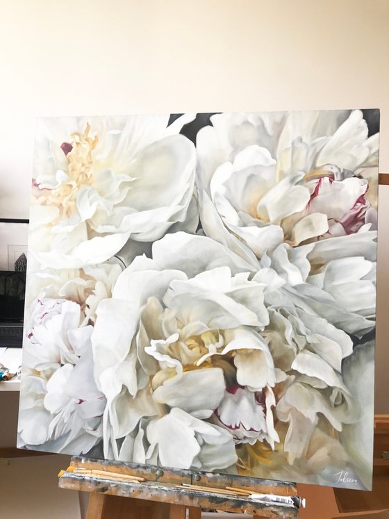 Large square oil painting with white peonies 90 * 90 cm