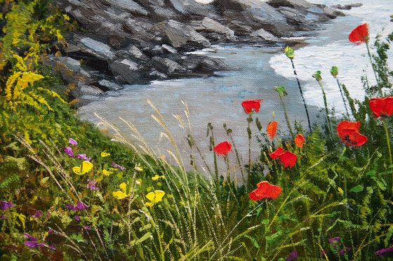 Seascape. Oil painting. Red poppies and sea. On canvas. 24 x 28in.