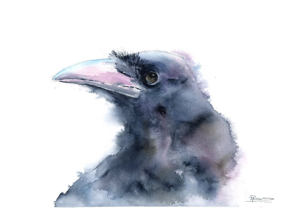 Impressionistic Animal Watercolour By Olga Tchefranov (Shefranov), 15 X 11", Crow, Original Artwork