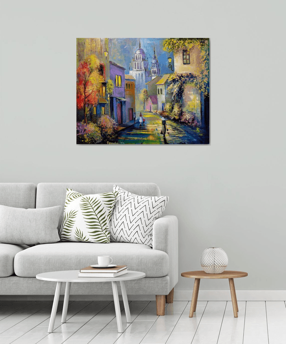 " Morning in Italy " - 100 x 80cm Original Oil Painting Large XL Landscape old Cityscape