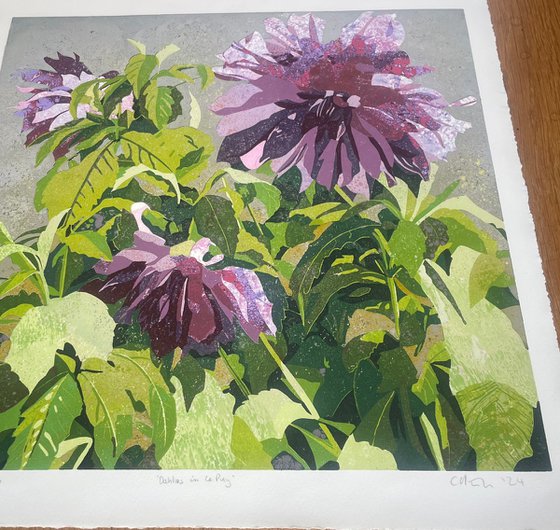 Linocut Print - Dahlias