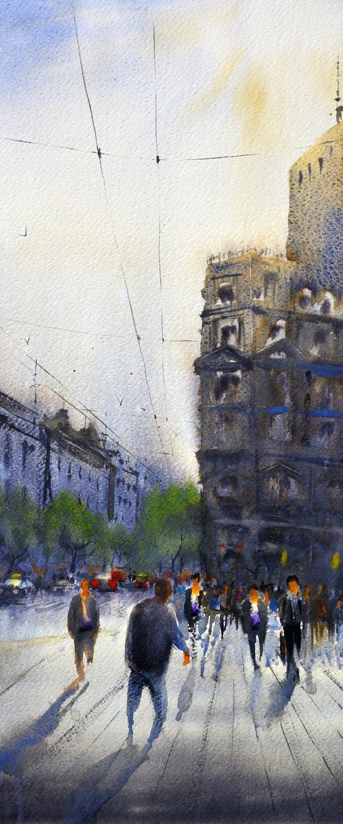 Hurry hour near London crossroads Old Town Belgrade 36x54 cm 2022 by Nenad Kojić watercolorist