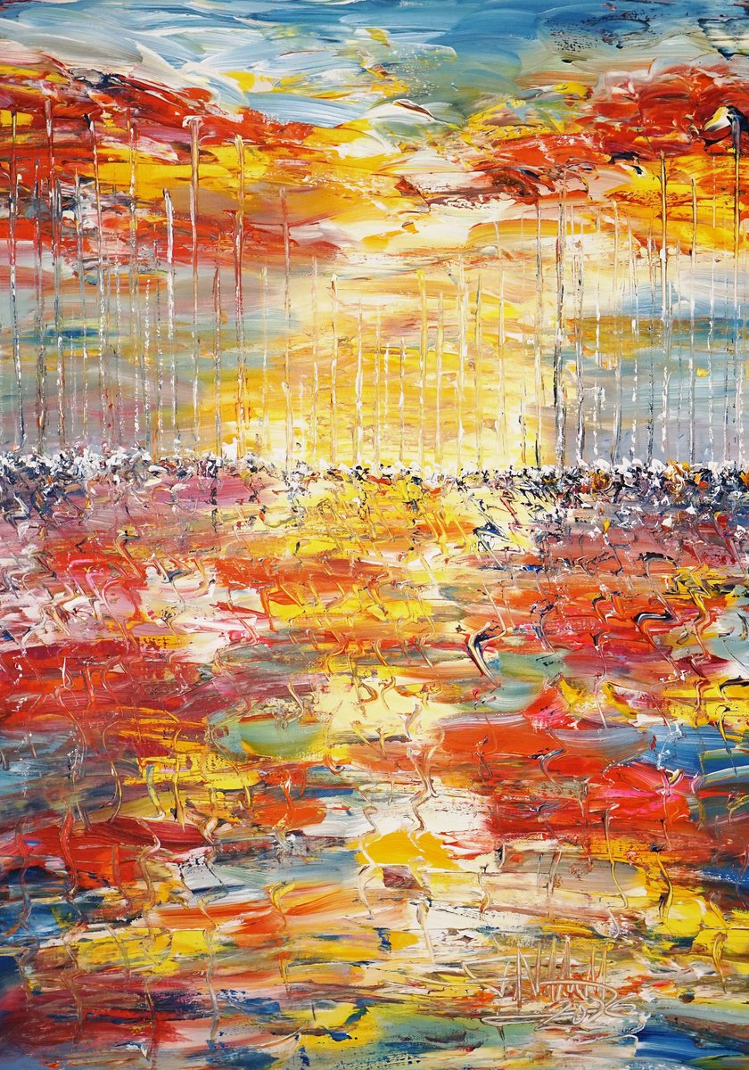 Abstract Acrylic Painting By Peter Nottrott, 28 X 39", Sail Boat Marina A 6, Original Artwork