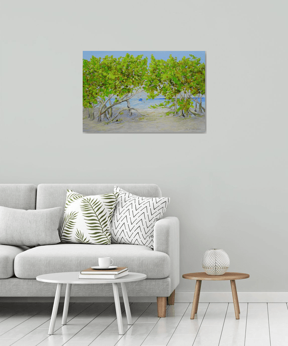 DAY ON THE BEACH. Tropical Island Seascape Painting of Florida Beach and Fishing Boat.