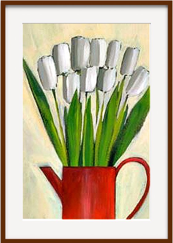 White Tulips in a Red Jug