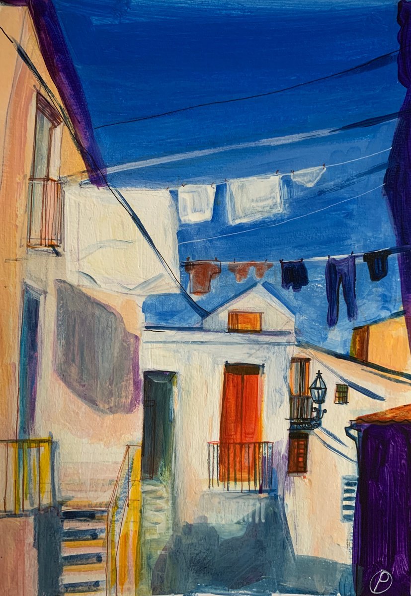 Impressionistic Cityscapes Acrylic Painting By Olga Pascari, 8 X 12", Wash Day #2, Original Artwork