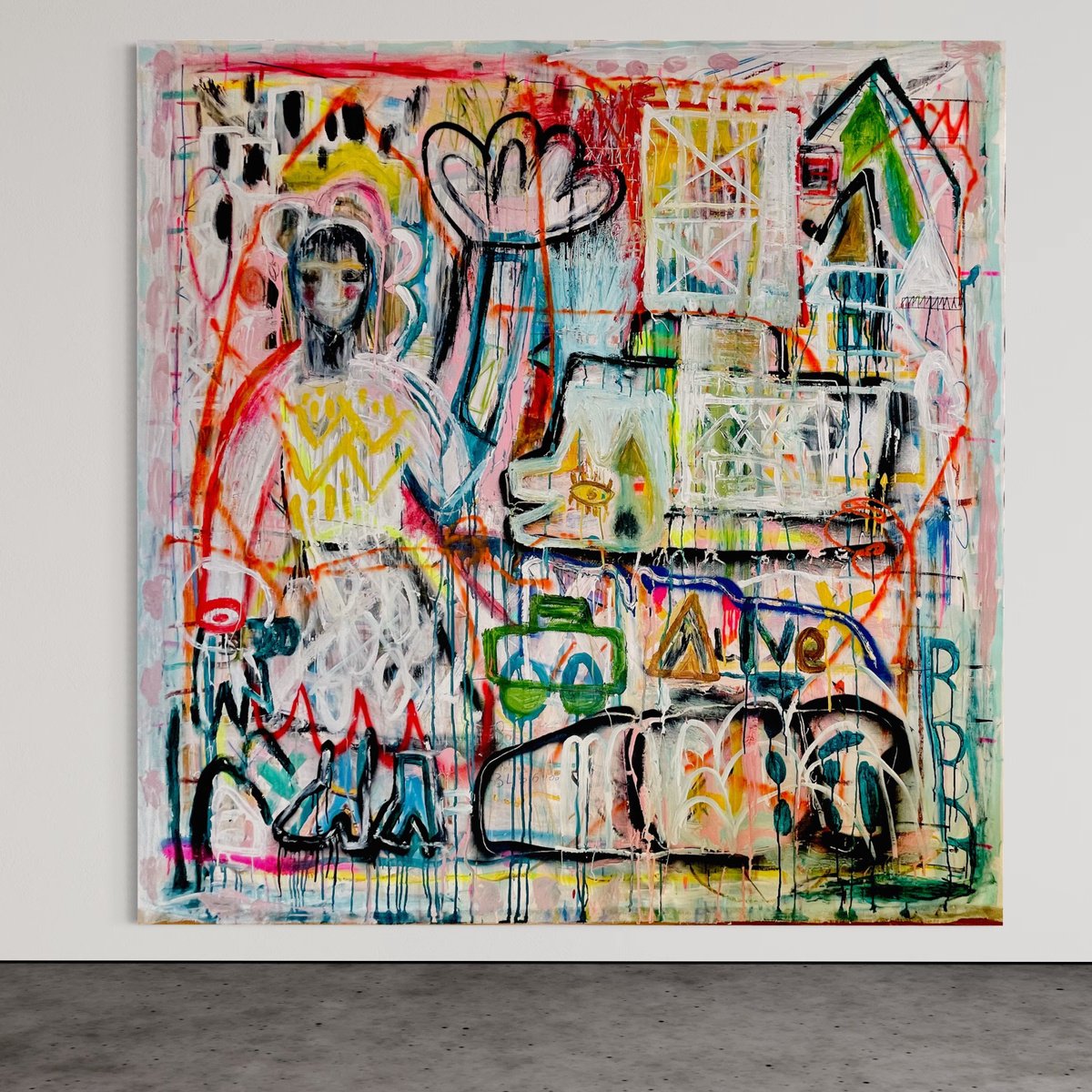 Urban And Pop Abstract Acrylic Painting By Mercedes Lagunas, 59 X 59", Never Another Word, Original Artwork