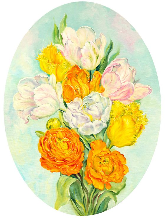 Tulips bouquet in oval