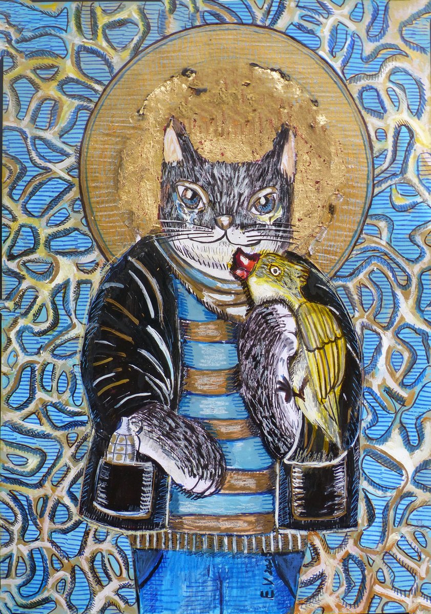 Surrealistic Animal Collage By Elizabeth Vlasova, 12 X 18, Cat Of The Hidden Flame, Original Artwork