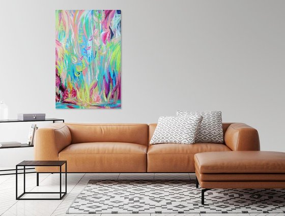 Large Abstract Pink Floral Landscape Painting. Modern Abstract Art. Abstract Floral Painting 61x91cm.