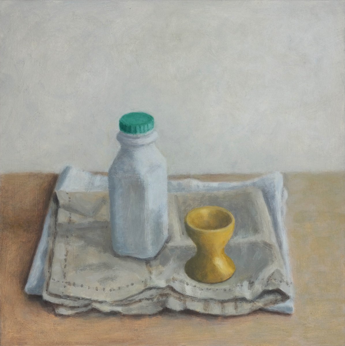 Impressionistic Still Life Acrylic Painting By Hugo Lines, 16 X 16, Milk Bottle With Egg Cup, Original Artwork