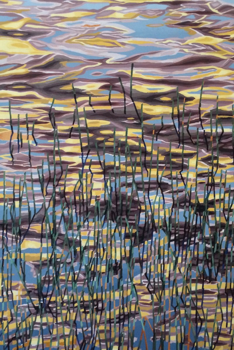 Expressive Landscape Oil Painting By Tarja Laine, 31 X 47", Waterscape With Reed, Original Artwork