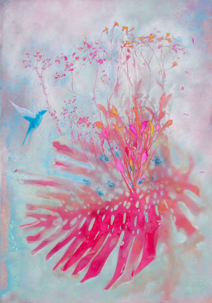 Impressionistic Landscape Painting By Milena Nicosia, 34 X 49", Aura, Il Sogno Del Colibri?, Original Artwork