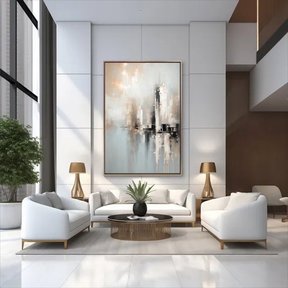 Mistline Cityscape in Pastel Blue and Gold
