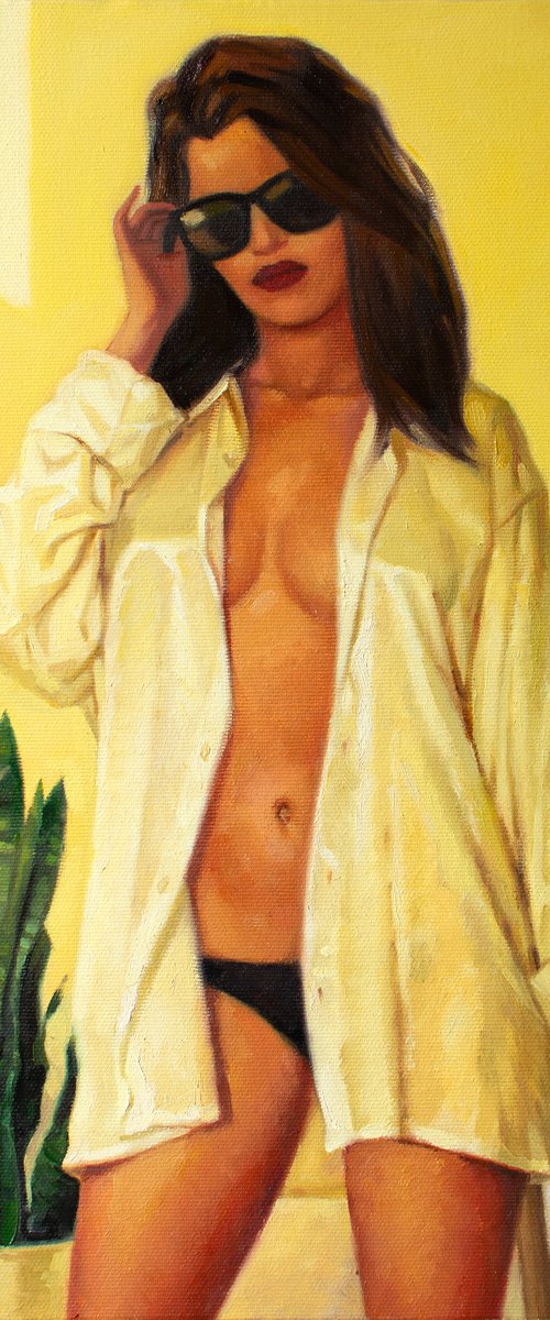 MONSTERA AND RED WINE by Yaroslav Sobol - (Modern Romantic Beautiful Girl Oil painting Gift light) by Yaroslav Sobol