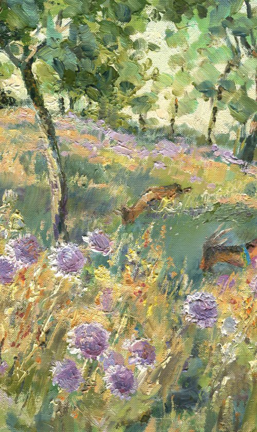 Ukrainian Provence. Goats among lavender color flowers / ORIGINAL oil painting. Plain air summer landscape ~ 14x10in (35x25cm) by Olha Malko