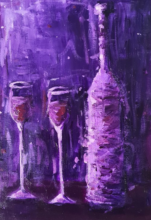 Purple Bottle and Glasses by Dawn Underwood