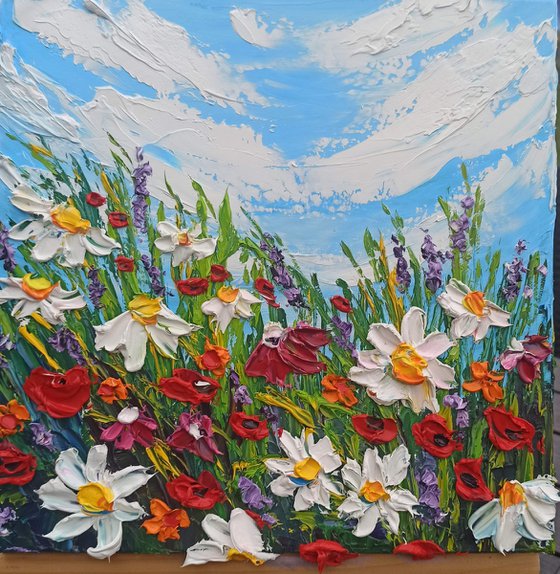 Impasto daisies and poppies at the meadow