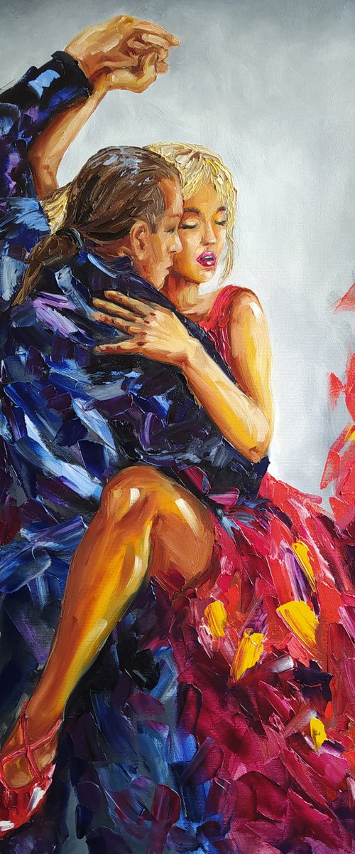 Flame - dance, oil painting, flamenco, tango, passion, fire, dancers oil painting by Anastasia Kozorez
