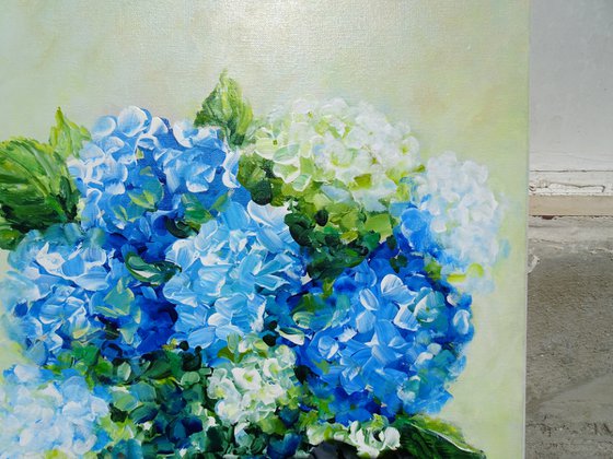 White and Blue Hydrangea Original Painting on Canvas. Impressionistic Stile Flowers Abstract Floral. Modern Impressionism Contemporary Art