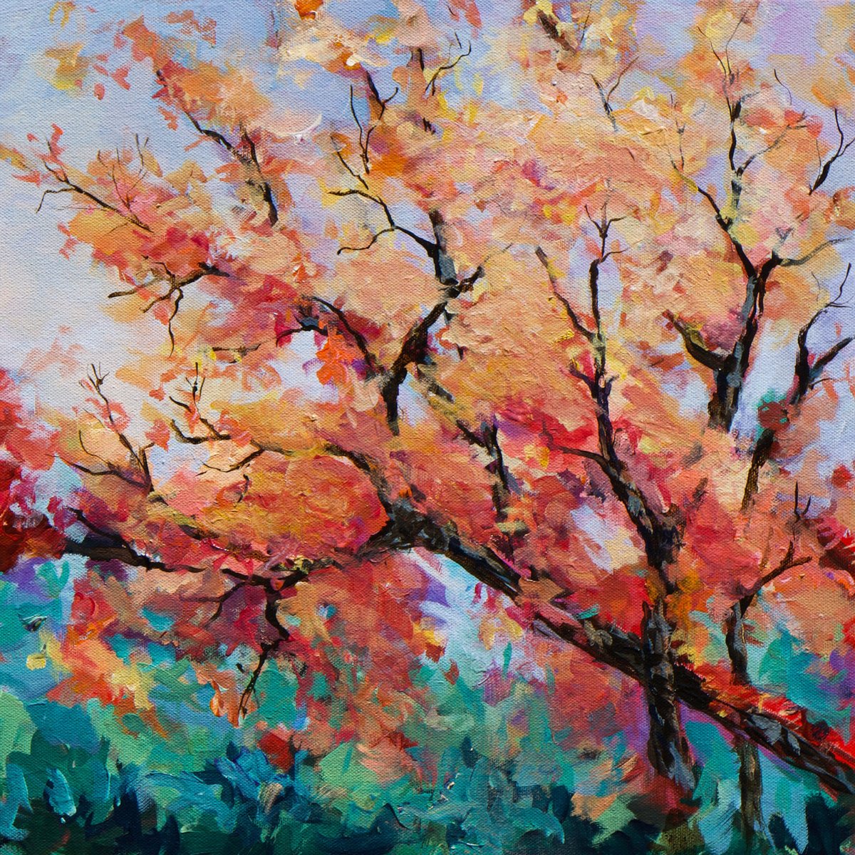 Impressionistic Landscape Acrylic Painting By Karen Hale, 16 X 16", A Moment In Autumn, Original Artwork