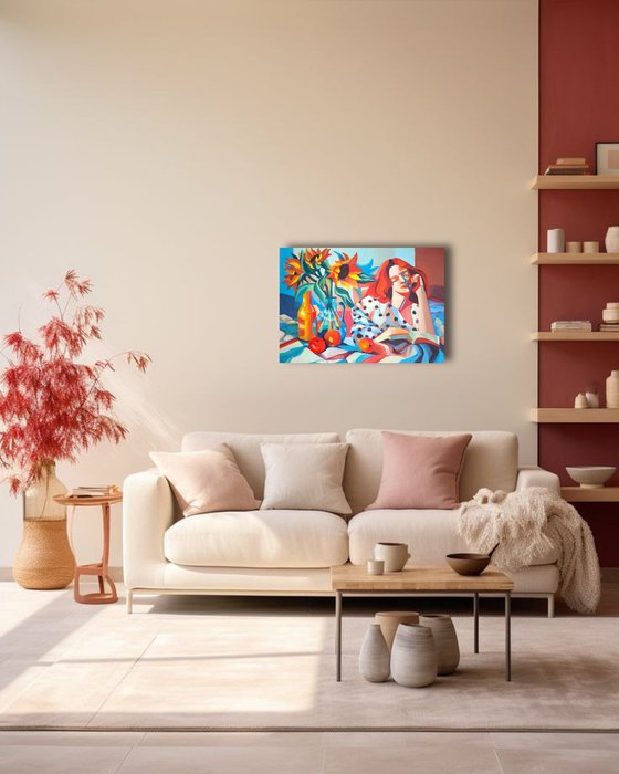 Woman Reading with Sunflowers – Red Hair Lady