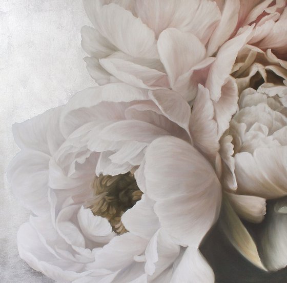 "Silk peonies" White silver oil flower art