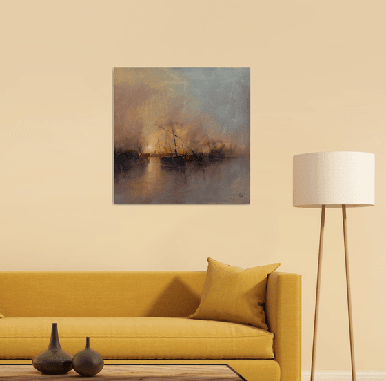 " Harbor of destroyed dreams - Hazy morning " W 70 x H 70 cm