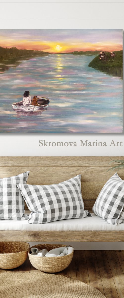 UNITY OF WORLDS - Love story. Flora and fauna. Sea sunset. Woman and fox. Boat. Friends. Animals. by Marina Skromova