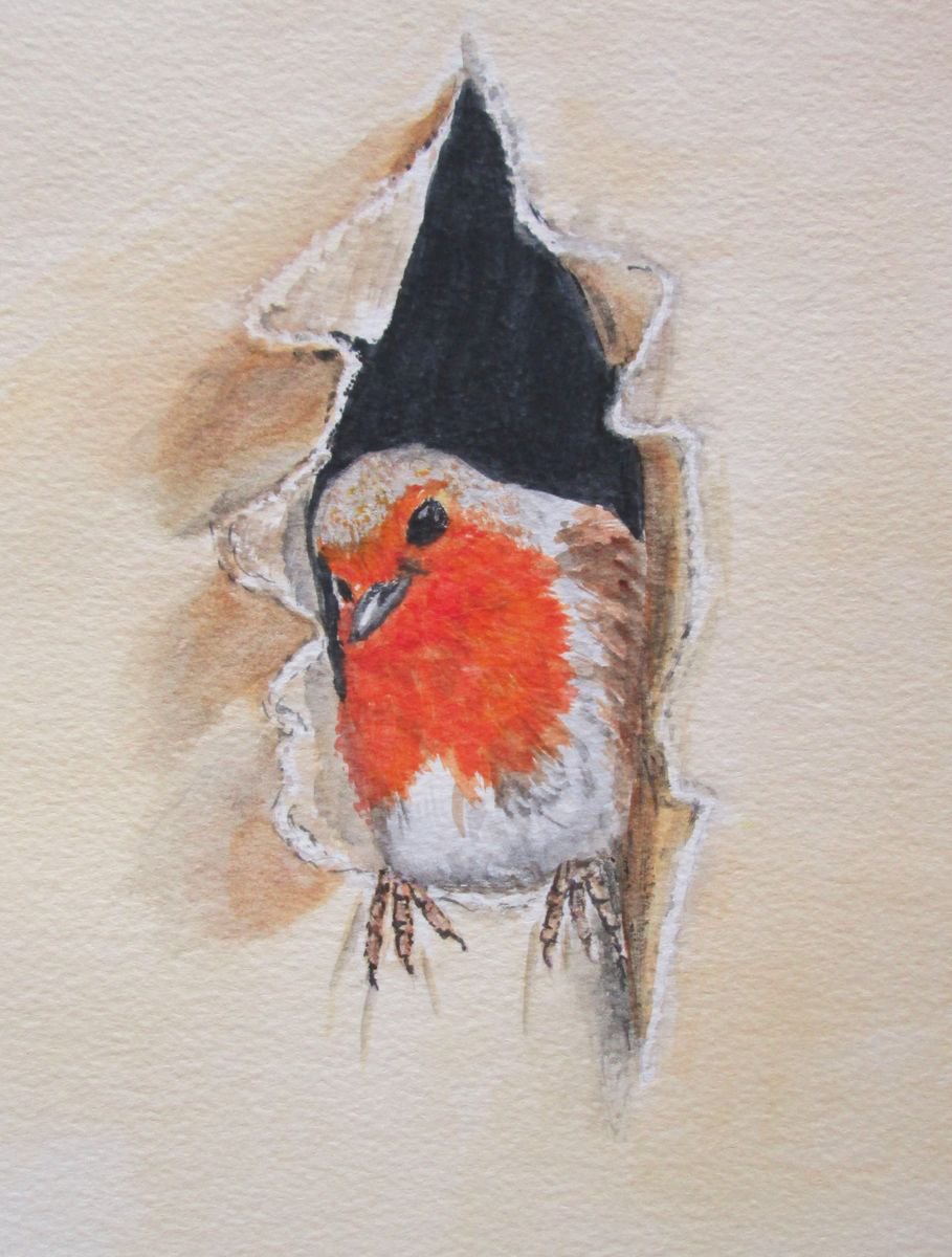 Expressive Animal Watercolour By Marjansart, 9 X 12", Robin Redbreast Garden Bird, Original Artwork