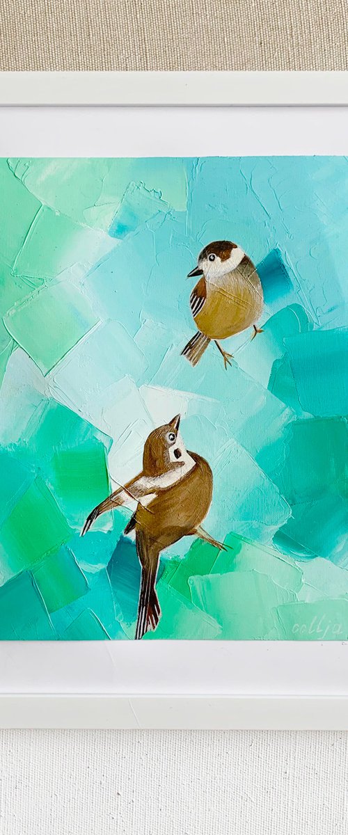 Painting "Sparrow conversation" / Birds painting / Birds in flight by Olha Gitman