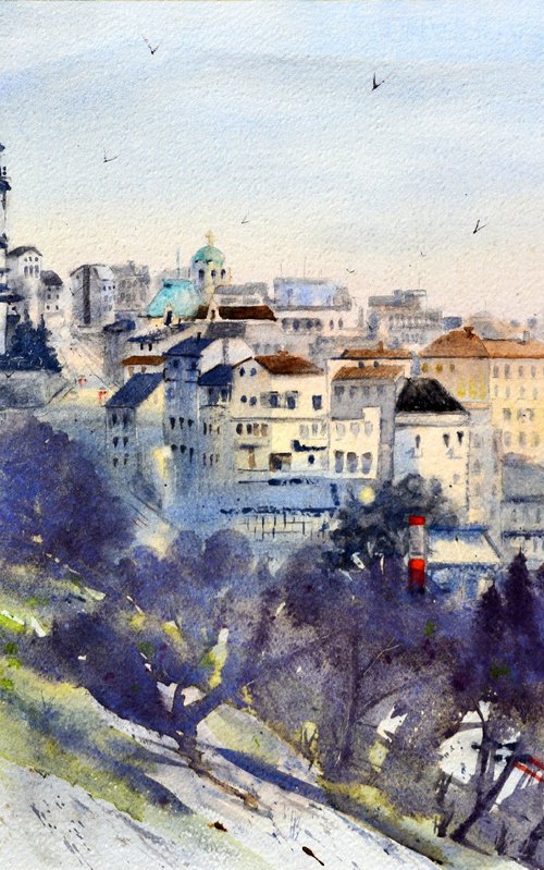 Pogled na krovove sa Kalemegdana Beograd 53x35cm 2022 by Nenad Kojić watercolorist