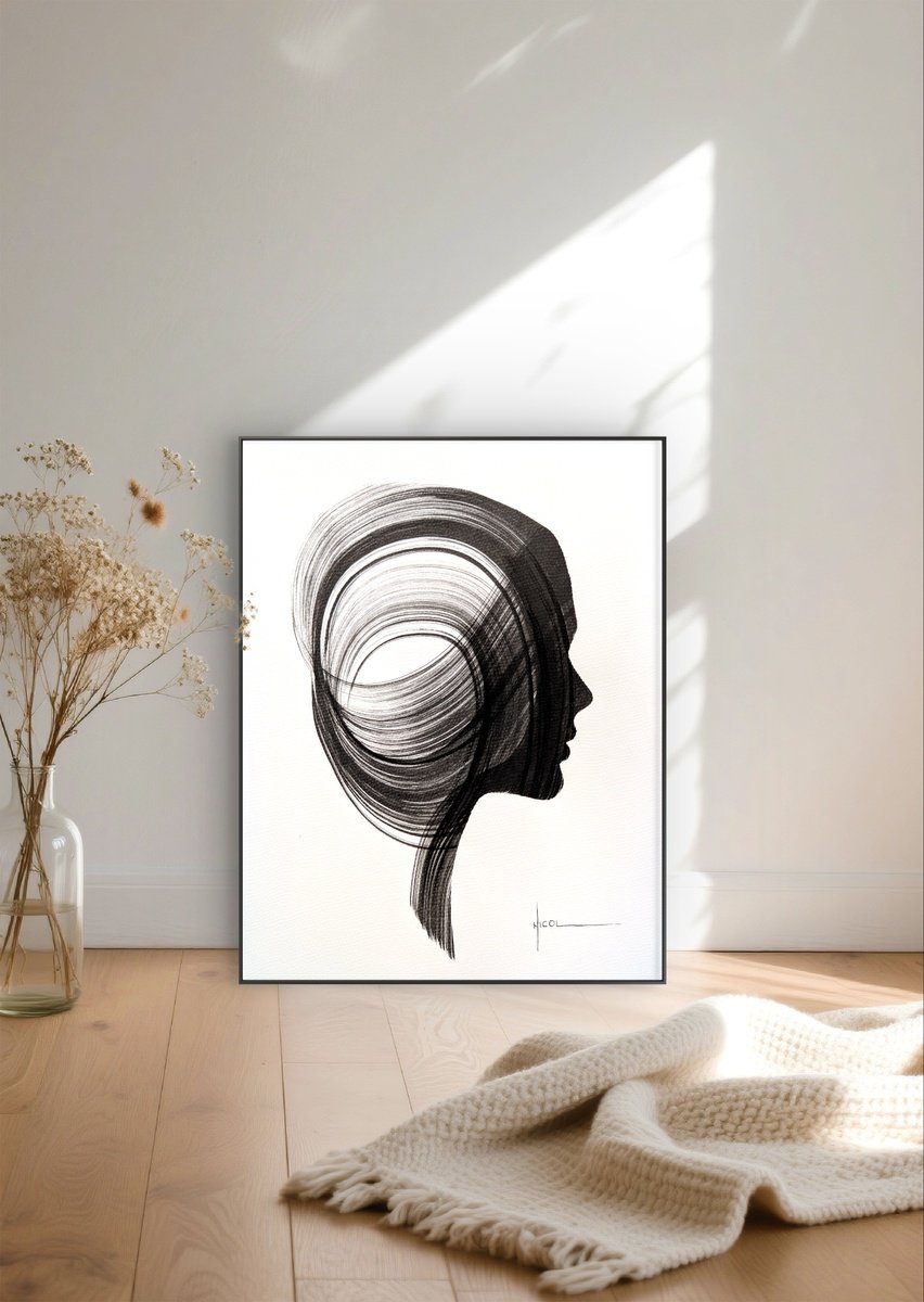 Surrealistic Portrait Ink Drawing By Nicol Vacaru, 12 X 15", Inner Orbit, Original Artwork