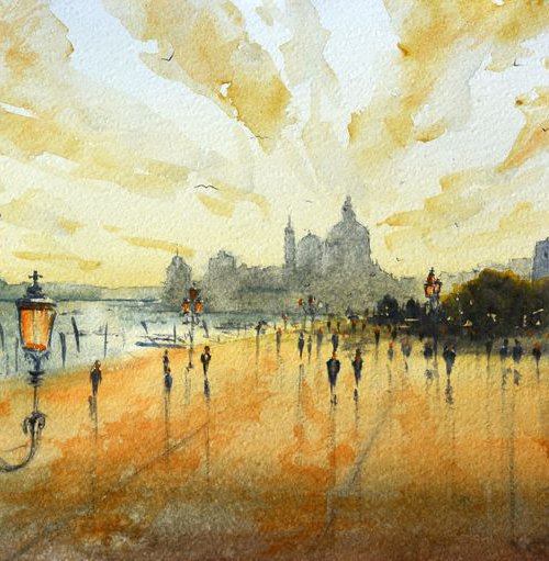 Orange Sundown in Venice Italy by Nenad Kojić watercolorist