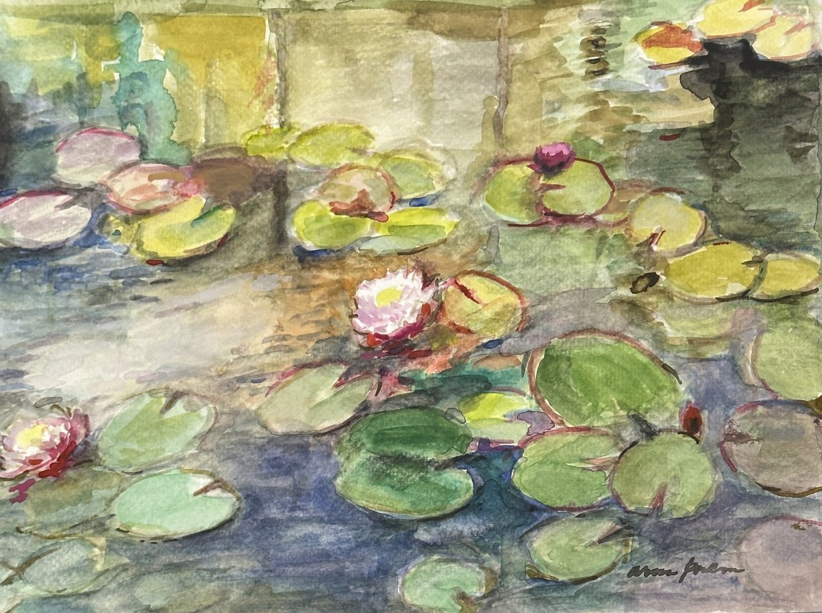 Impressionistic Landscape Watercolour By Arun Prem, 11 X 9, Pink Lilies, Original Artwork