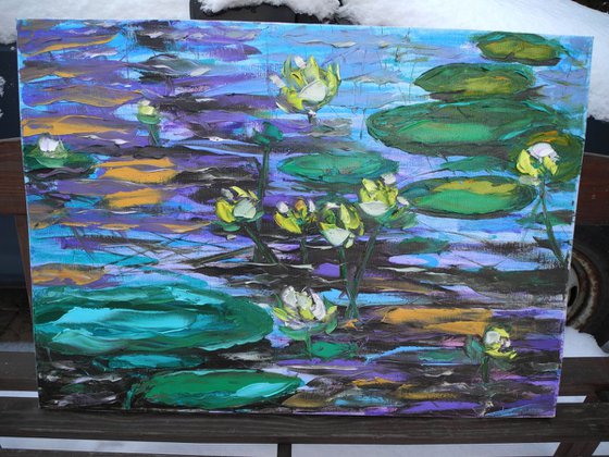 Blue pond - palette knife impasto painting impressionistic flowers alla prima original artwork horizontal water lily