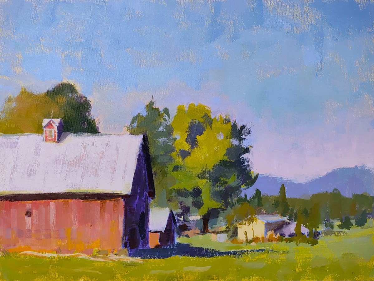 Impressionistic Landscape Acrylic Painting By Kristina Sellers, 16 X 12", Barn Shadows, Original Artwork