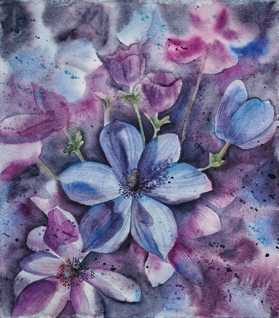 Anemones - purple flower, original watercolor