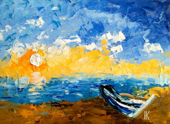 Row Boat Painting Nautical Original Art Maritime Oil Artwork Seascape Impasto Palette Knife Home Wall Art 16 by 12" by Halyna Kirichenko