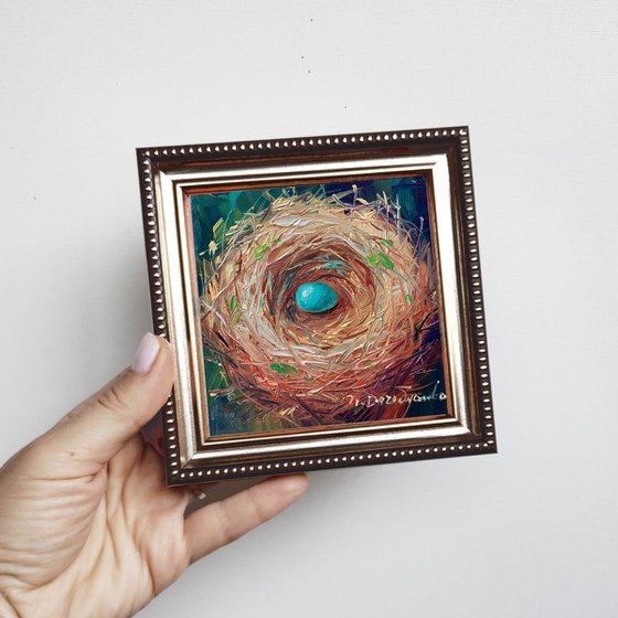 Nest oil painting original 4x4 in frame, Unique blue bird egg miniature oil painting wall art framed, Small painting gift