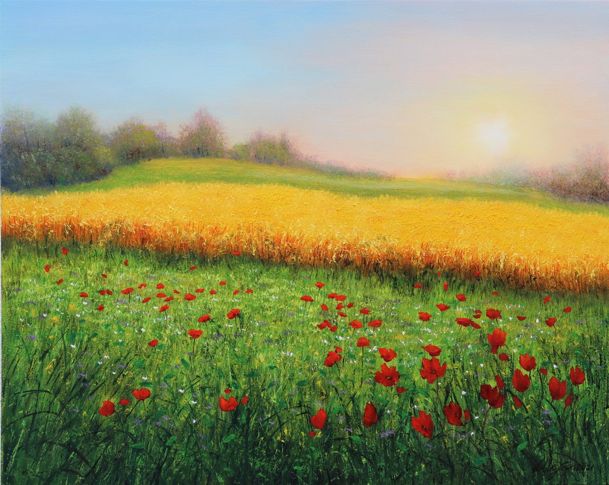 Impressionistic Landscape Oil Painting By Ludmilla Ukrow, 20 X 16", Wheat Field In Summer, Original Artwork